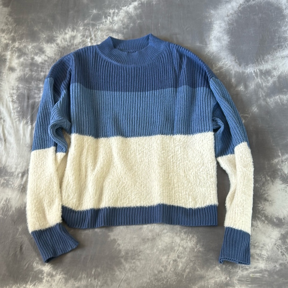 Lune Striped Splice Crew Neck Sweater Blue Off White size Medium - Picture 2 of 5
